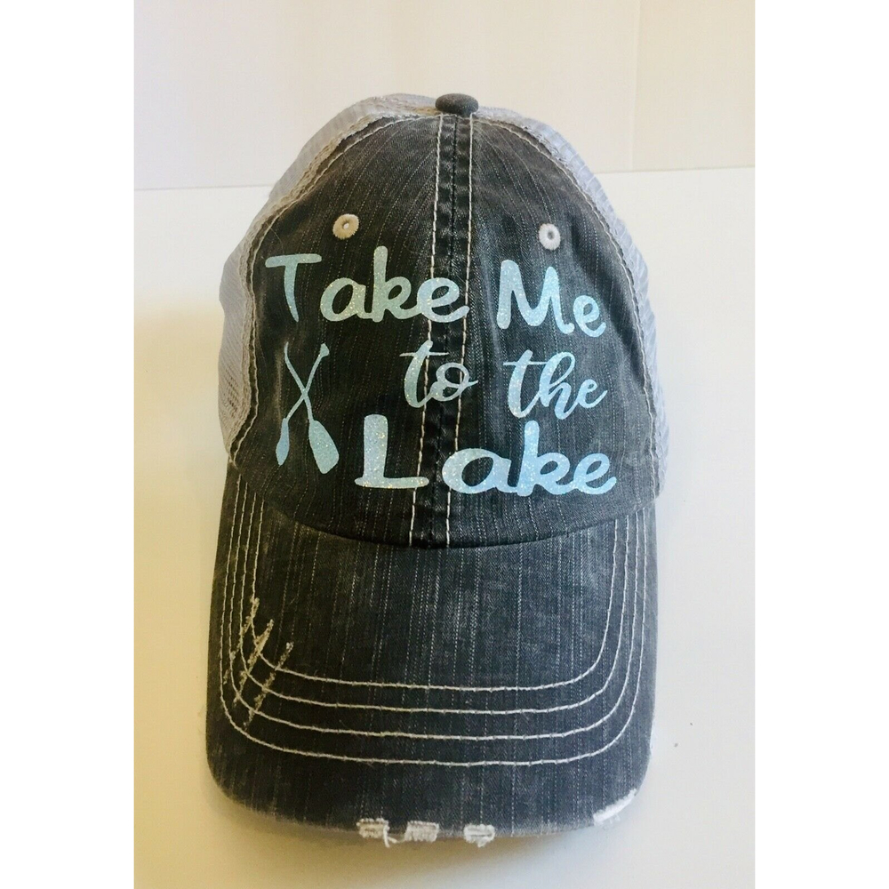 Distressed TAKE ME TO THE LAKE Jean and Grey Mesh Hat / Baseball Cap 7538K/#6990